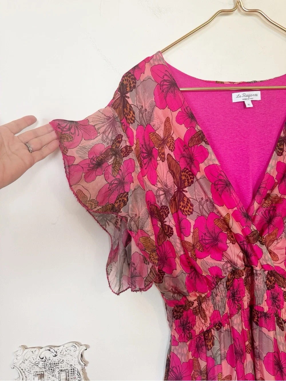 Le Ragazze Pink Floral Butterfly Flutter Sleeve Silk Maxi Dress XL - Picture 5 of 9
